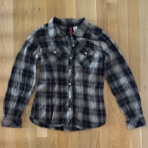 Divided Black and Gray Plaid Button-Up Shirt